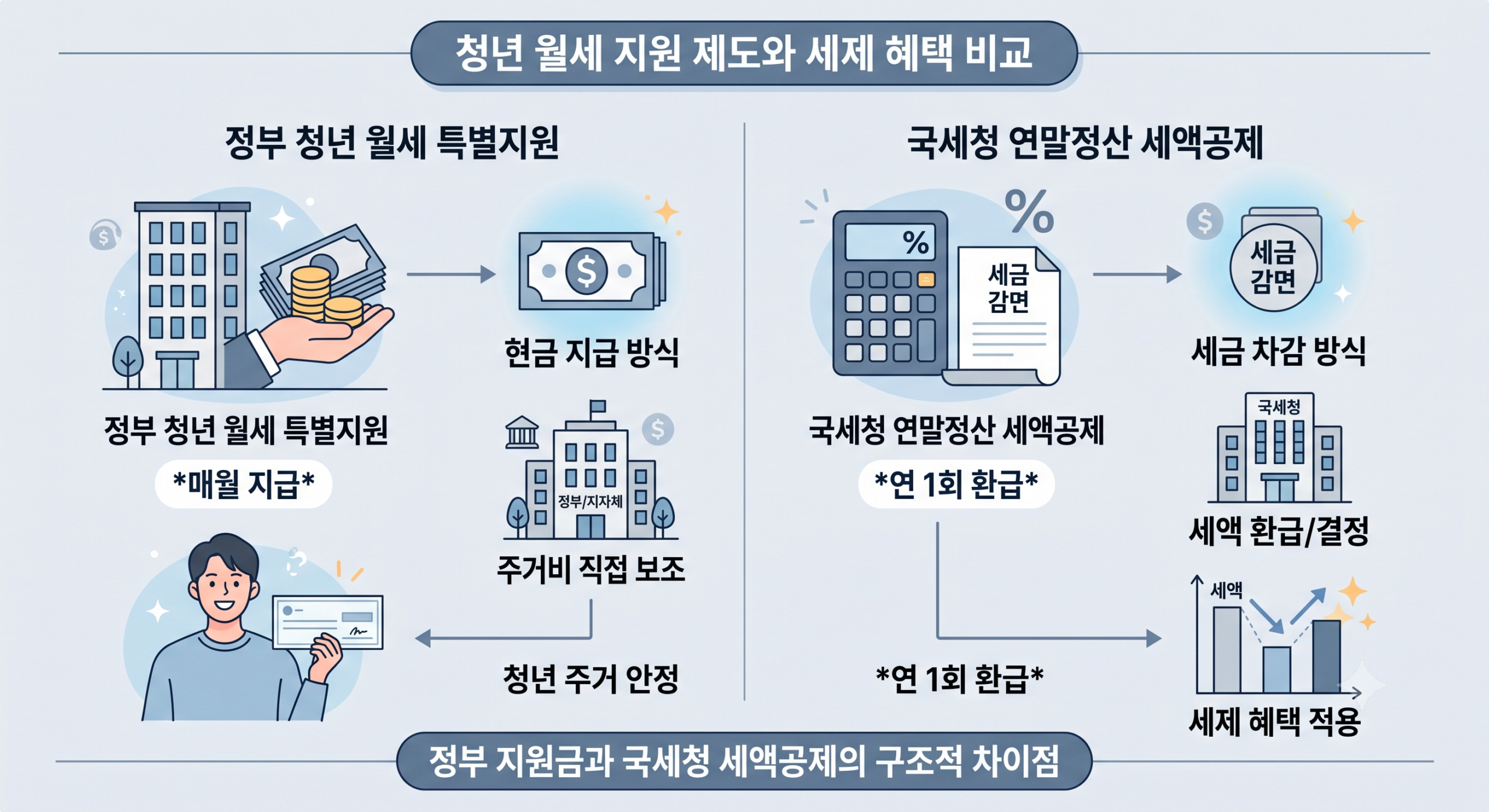 청년 월세 지원금의 현금 급여 방식과 연말정산 월세 세액공제의 세금 감면 방식을 비교한 미니멀 일러스트 구조도