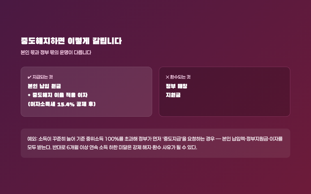 중도해지 시 지급되는 것(본인 납입 원금·이자)과 환수되는 것(정부 매칭지원금) 비교
